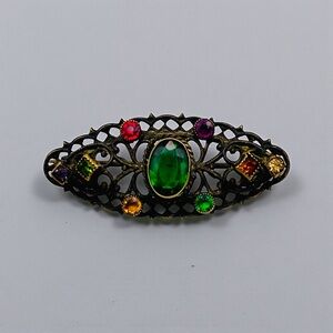 Vintage Czech Art Deco Filigree Brass and Glass in Gemstone Colors and Shapes